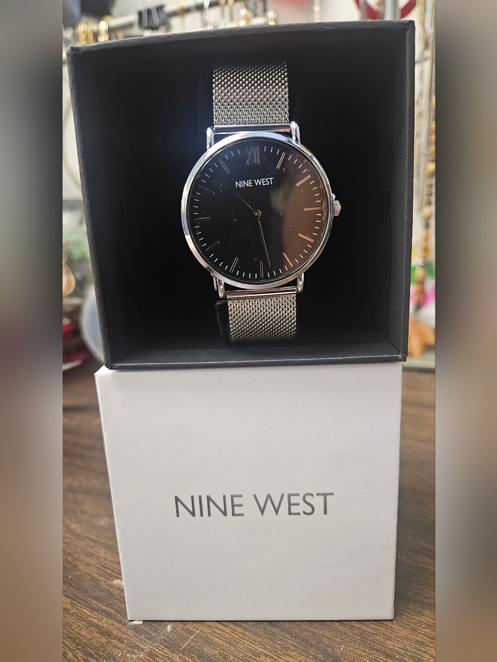 Nine West Men's Silver Mesh Strap Watch with Black Dial